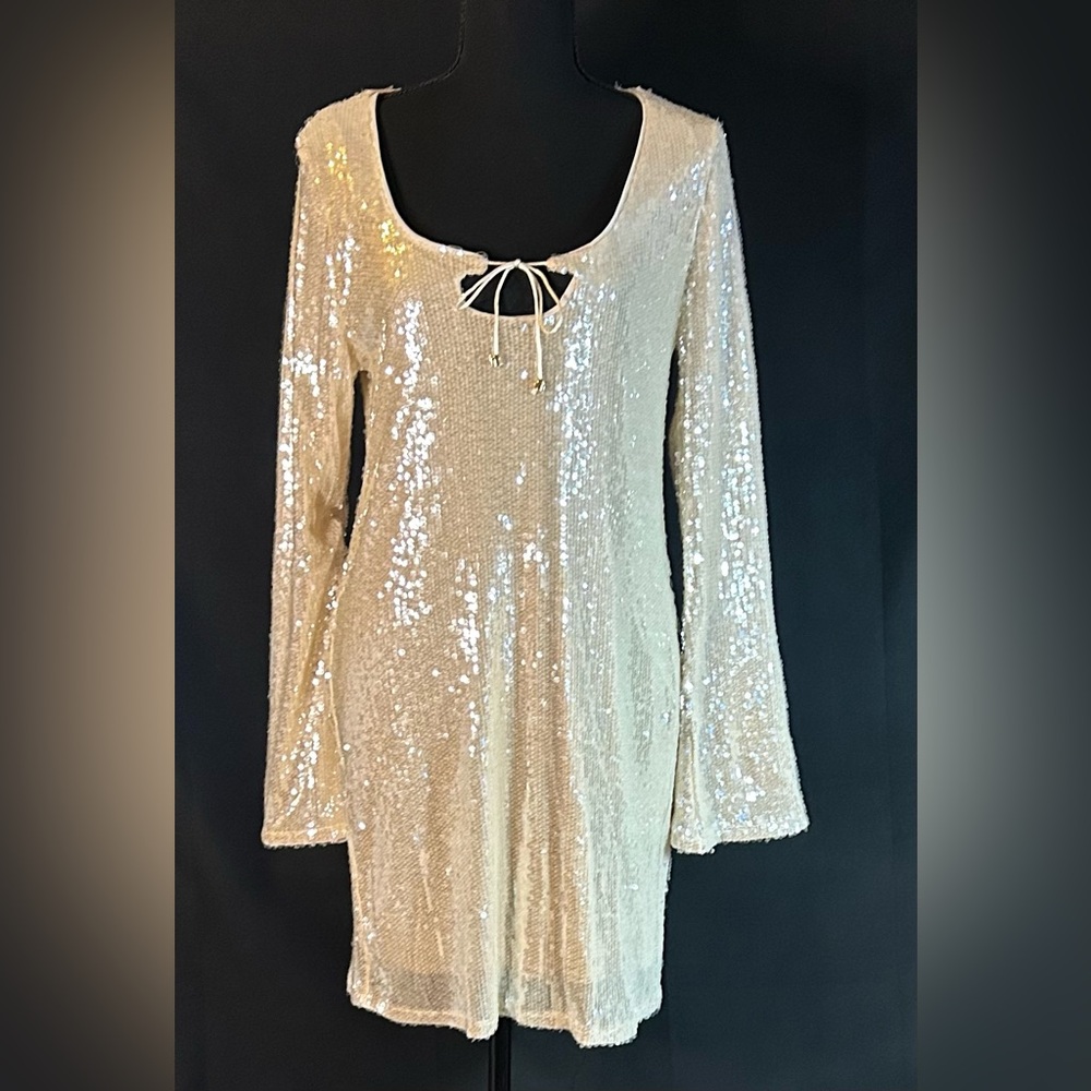 Wild Fable NWT Cream Sequin Long Sleeve Mini Dress Keyhole Party/Holiday - XS